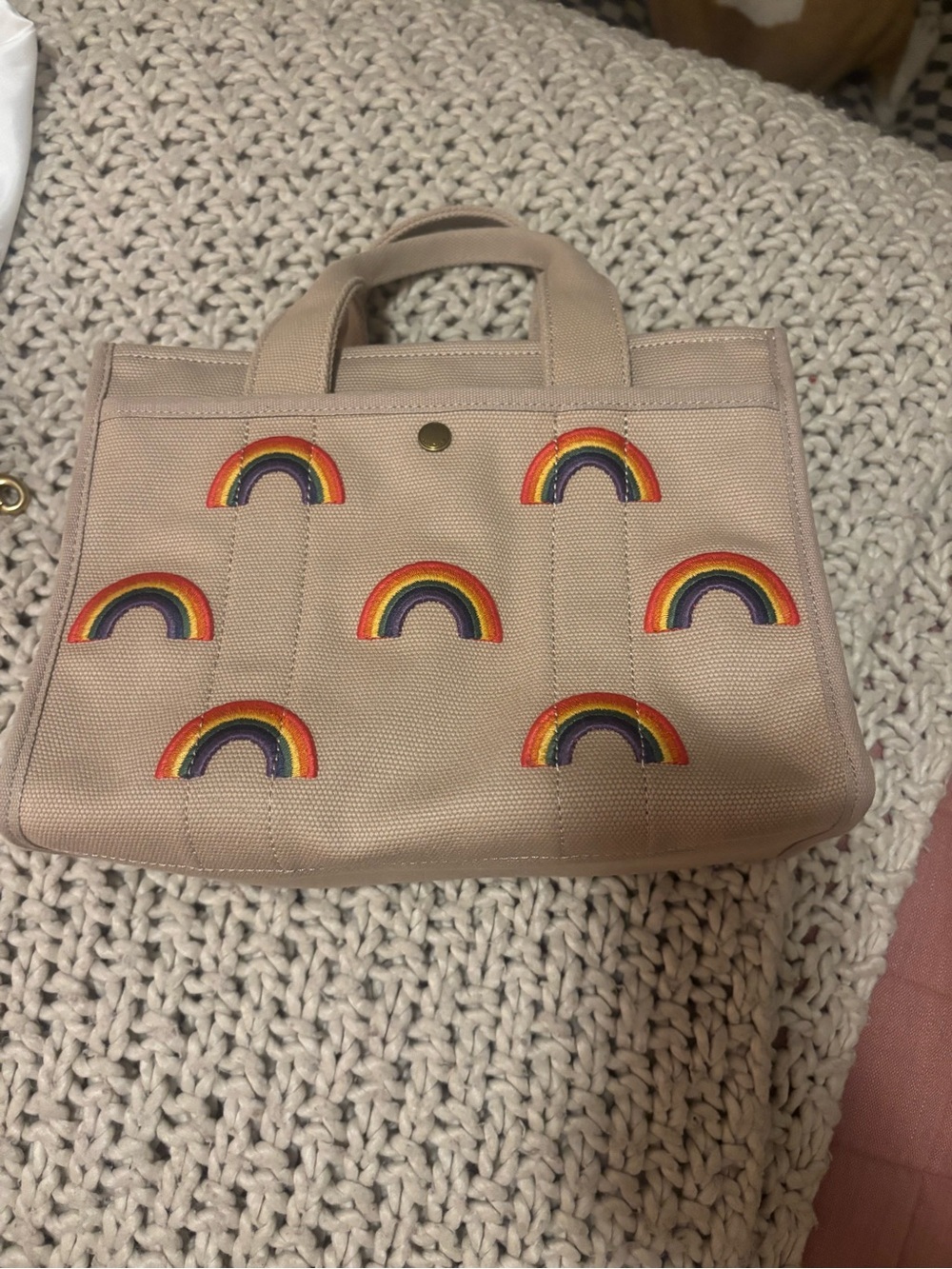 Coach Beige Canvas Tote with Rainbow Appliqués and Striped Strap - Picture 3 of 11